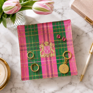 Polished Pink & Green Plaid Monogram Trinket Tray 