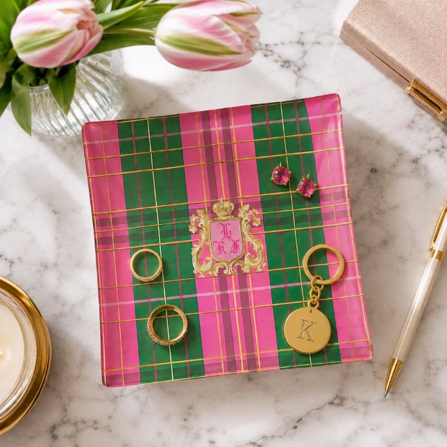 Polished Pink & Green Plaid Monogram Trinket Tray  (Chic Plaid Monogrammed Plaid Crest Small Trinket Tray )