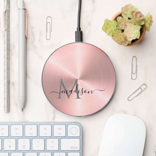 Polished Radial Metallic Rose Gold Personalized Wireless Charger
