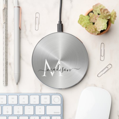 Polished Radial Platinum Metallic Personalized Wireless Charger