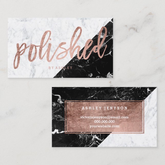 Polished rose gold typography black white marble business card (Front/Back)