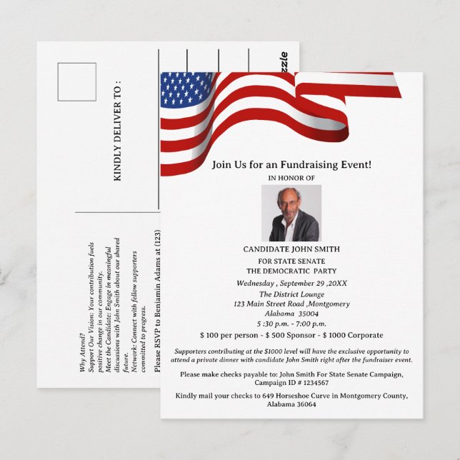 Political Campaign Election Fundraising Invitation Postcard (Front/Back)