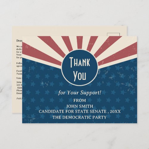 Political Campaign Event  Rally Donation Thank You Postcard