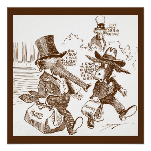 Political Cartoon USA  c 1920 Elephant   Donkey Poster