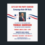 Political Fundraising Campaign Kickoff with Photo Flyer<br><div class="desc">Political Campaign Kick-off Rally Fundraising invitation with patriotic red, white and blue ribbon, stars, and a placeholder for Candidate photo. All design elements and text fields can be resized for space and style. Or just add your own wording to create a finished flyer, invitation, or announcement at an affordable price....</div>