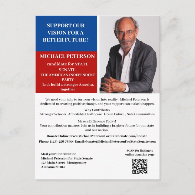 Political Fundraising Donation Campaign Election Postcard (Front)