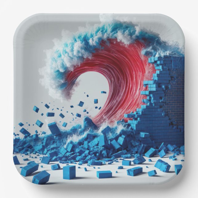 Political Red Wave Destroying a Blue Wall Paper Plates (Front)