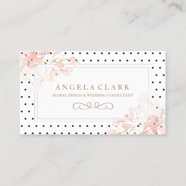Polk a Dots and Pink Watercolour Blossoms Business Card (Front)