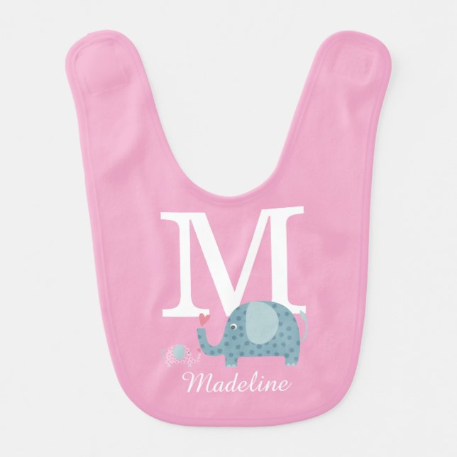 Polk Dot Elephants Baby Initial Monogram Baby Bib (Front)