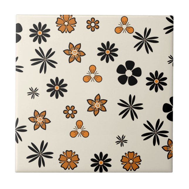 POLKA and DOTS, ORANGE AND BLACK FLOWERS Ceramic Tile (Front)