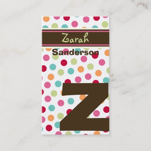 Polka Color Candy Dots Monogram Alphabet Fun Cute Business Card Template