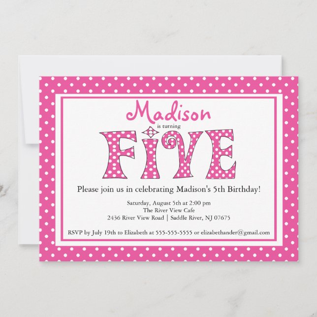 Polka Dot Alphabet Fifth Birthday Party Invitation (Front)