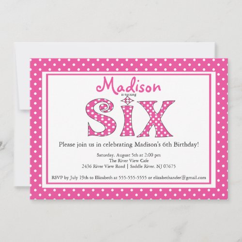 Polka Dot Alphabet Sixth Birthday Party Invitation