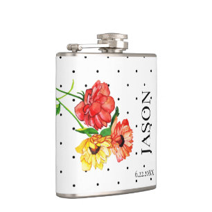 Polka Dot and Red Yellow Floral Groomsmen Flask