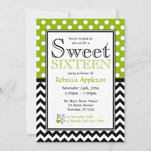 Polka Dot Apple Green Chevron Sweet Sixteen Custom Invites