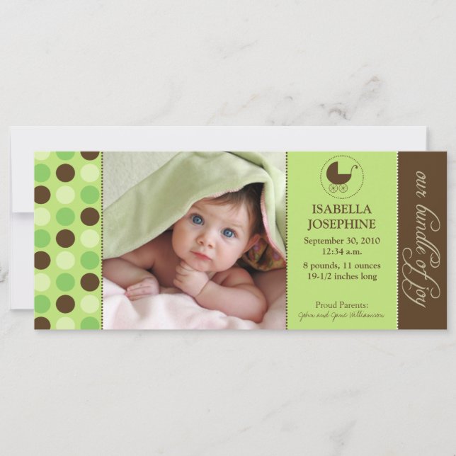 Polka Dot Baby Birth Announcement (lime green) (Front)