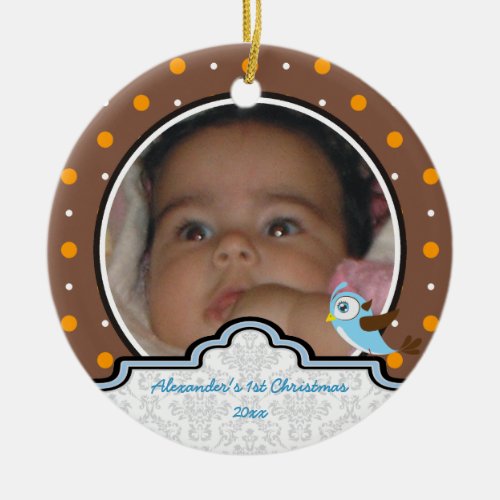 Polka dot baby boy first Christmas photo ornament