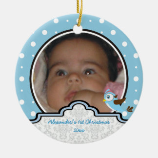 Polka dot baby boy first Christmas photo ornament