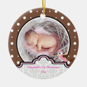 Polka dot baby girl first Christmas photo ornament