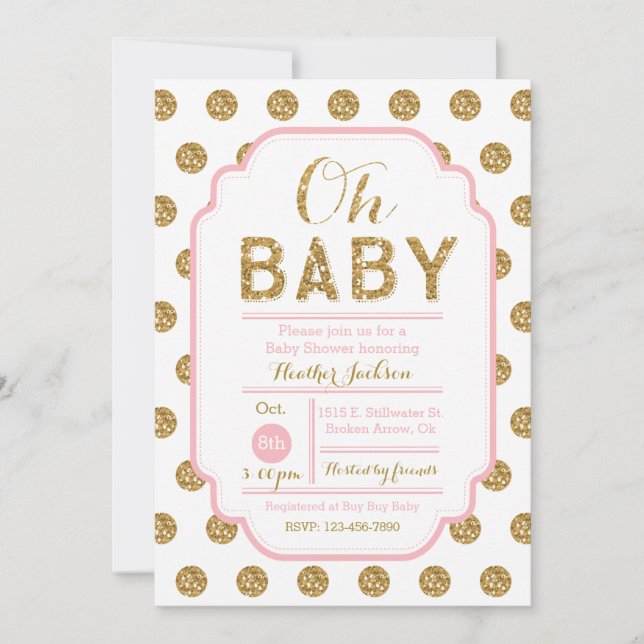 Polka Dot Baby Shower Invitation - Pink and Gold (Front)