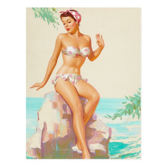 Polka Dot Bikini Pin Up Art Postcard 