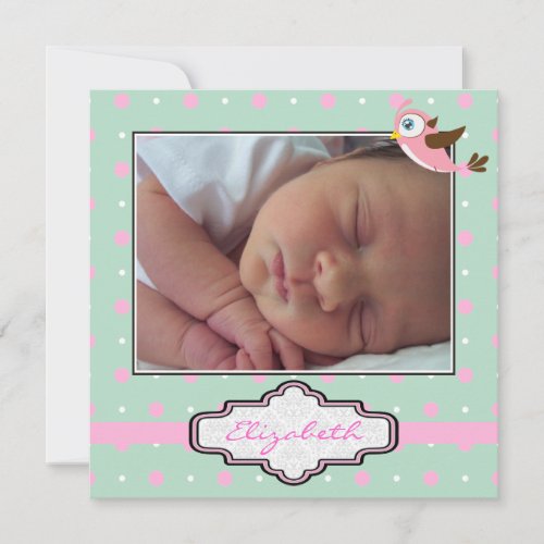 Polka dot, bird with frame baby girl birth photo announcement