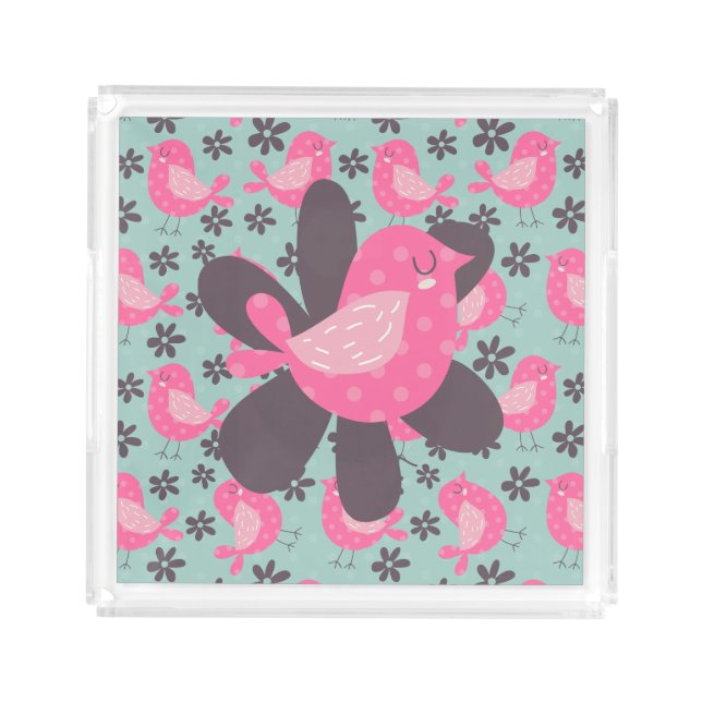 Polka Dot Birds and Flowers Acrylic Tray (Front)