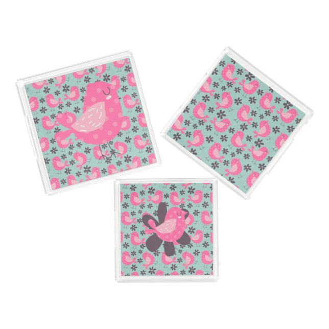 Polka Dot Birds and Flowers Acrylic Tray (Set)