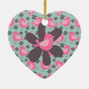 Polka Dot Birds and Flowers Ceramic Ornament