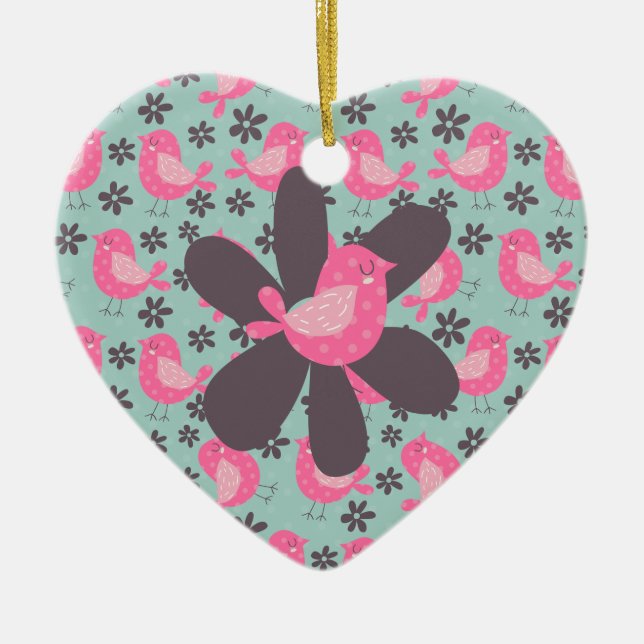 Polka Dot Birds and Flowers Ceramic Ornament (Front)