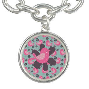 Polka Dot Birds and Flowers Charm Bracelet