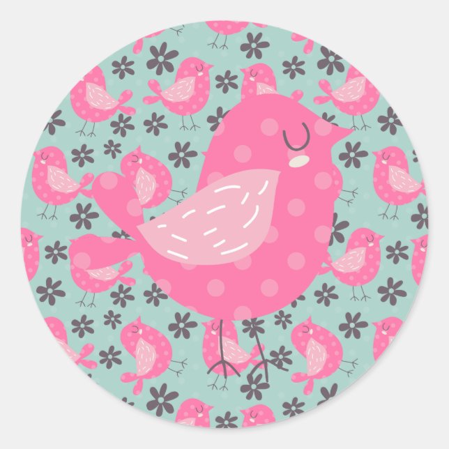 Polka Dot Birds and Flowers Classic Round Sticker (Front)