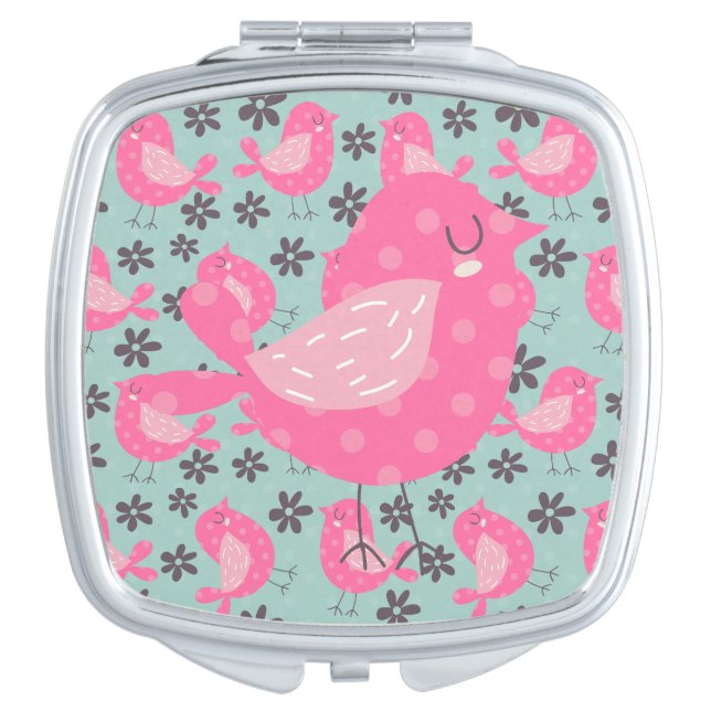 Polka Dot Birds and Flowers Mirror For Makeup (Front)