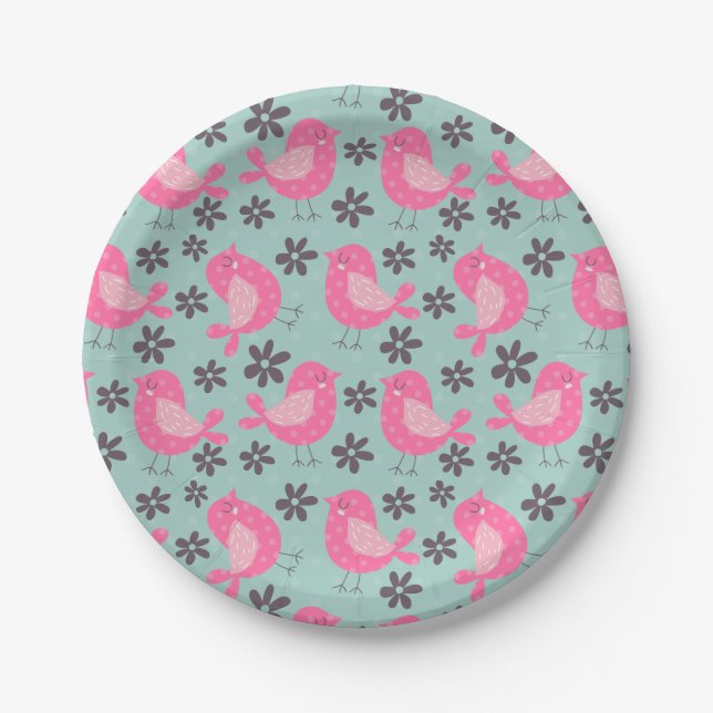Polka Dot Birds and Flowers Paper Plates (Front)