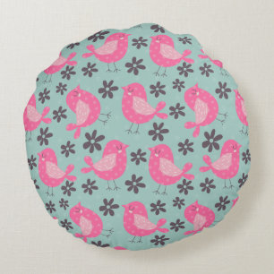 Polka Dot Birds and Flowers Round Pillow