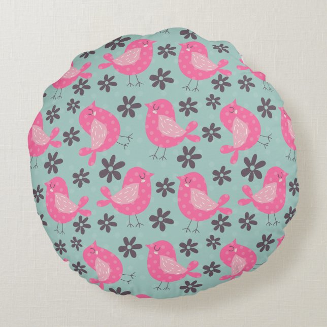 Polka Dot Birds and Flowers Round Pillow (Back)