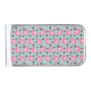 Polka Dot Birds and Flowers Silver Finish Money Clip
