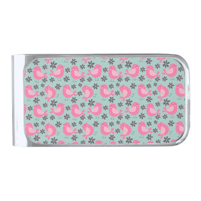 Polka Dot Birds and Flowers Silver Finish Money Clip (Front)