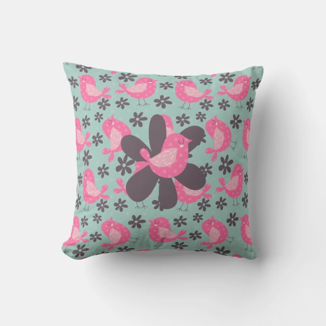 Polka Dot Birds and Flowers Throw Pillow (Front)