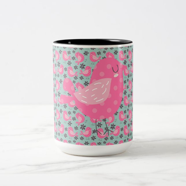 Polka Dot Birds and Flowers Two-Tone Coffee Mug (Center)