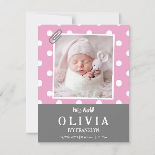 Polka dot birth announcement card baby photo