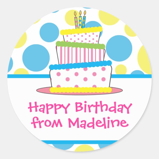 Polka Dot Birthday Cake Gift Tag Stickers (Front)