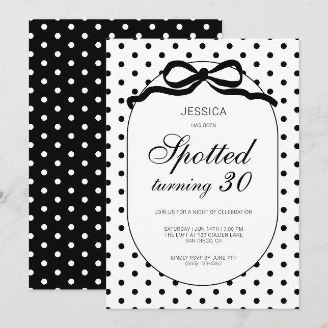 Polka Dot Black Bow Spotted Turning 30th Birthday Invitation (Front/Back)