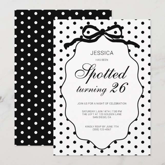 Polka Dot Black Bow Spotted Turning Birthday Party Invitation (Front/Back)