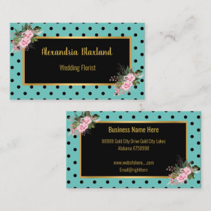 POLKA DOT BLACK GOLD AQUA FLORAL BUSINESS CARD