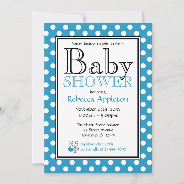 Polka Dot Blue Baby Shower Invitations (Front)