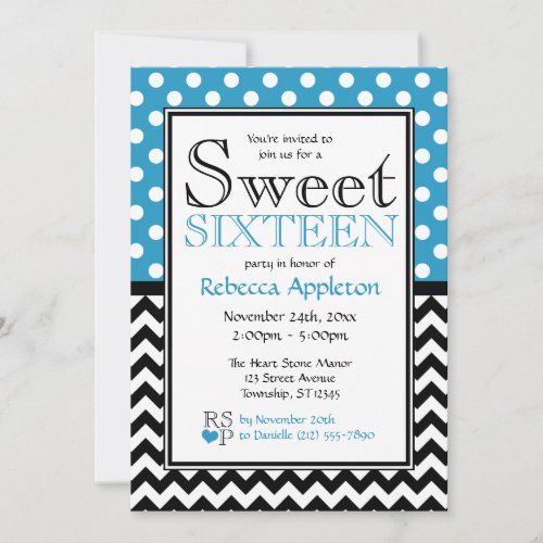 Polka Dot Blue &amp; Chevron Sweet Sixteen Invitations