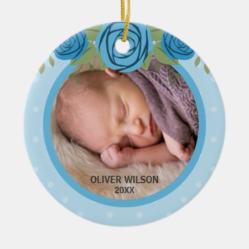 Polka Dot Blue Floral Babys First Christmas Photo Ceramic Ornament