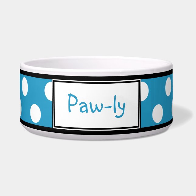 Polka Dot Blue Personalized Dog Bowl (Front)