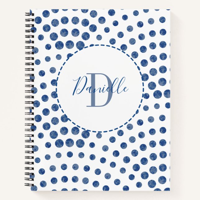 Polka Dot Blue Swirls Monogram Name Notebook (Front)